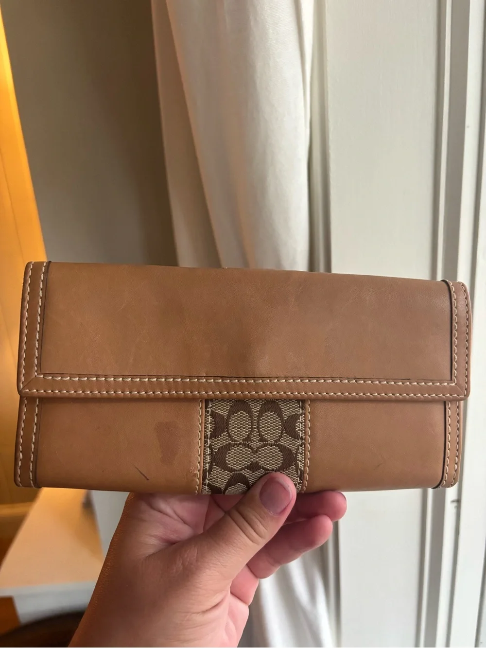 Coach Signature C Stripe Bifold Wallet Tan Leather & Brown Canvas Check Wallet